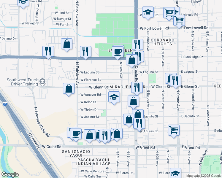 map of restaurants, bars, coffee shops, grocery stores, and more near 660 West Glenn Street in Tucson