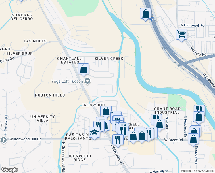 map of restaurants, bars, coffee shops, grocery stores, and more near 2189 West Painted Sunset Circle in Tucson