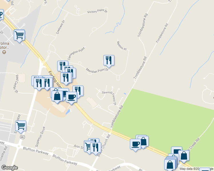 map of restaurants, bars, coffee shops, grocery stores, and more near 1 Seedling Lane in Bluffton