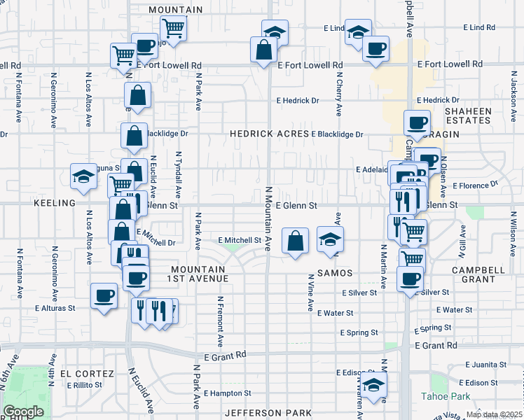 map of restaurants, bars, coffee shops, grocery stores, and more near 1218 East Glenn Street in Tucson
