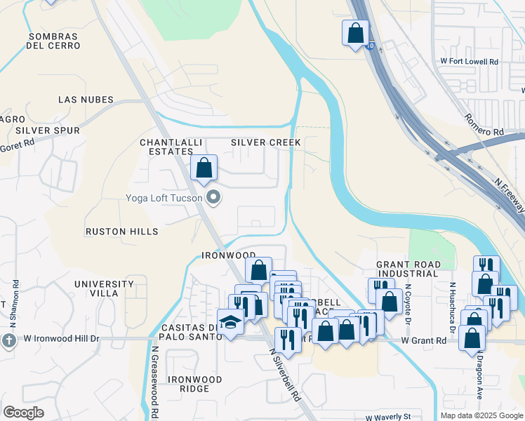 map of restaurants, bars, coffee shops, grocery stores, and more near 2189 West Painted Sunset Circle in Tucson