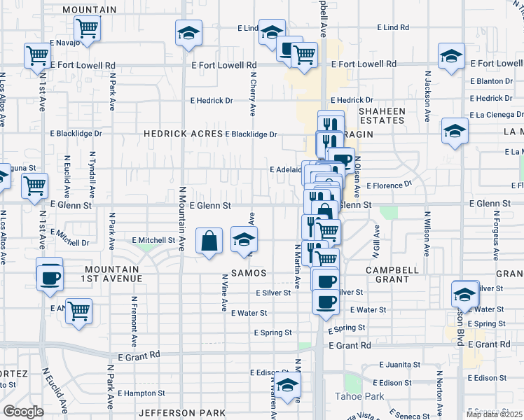 map of restaurants, bars, coffee shops, grocery stores, and more near 1618 East Glenn Street in Tucson