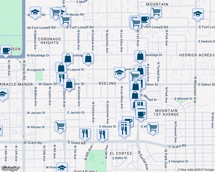 map of restaurants, bars, coffee shops, grocery stores, and more near 2766 N Geronimo Ave in Tucson