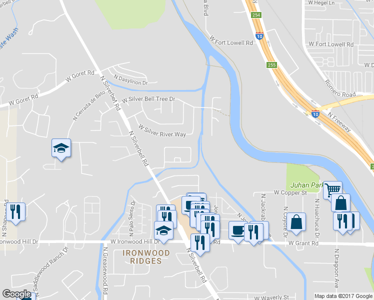 map of restaurants, bars, coffee shops, grocery stores, and more near 2189 West Painted Sunset Circle in Tucson