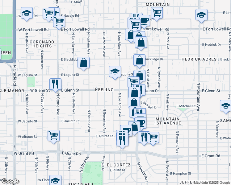 map of restaurants, bars, coffee shops, grocery stores, and more near 450 East Glenn Street in Tucson