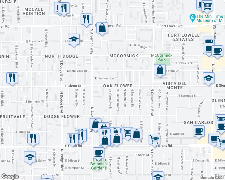 map of restaurants, bars, coffee shops, grocery stores, and more near 2762 La Verne Avenue North in Tucson