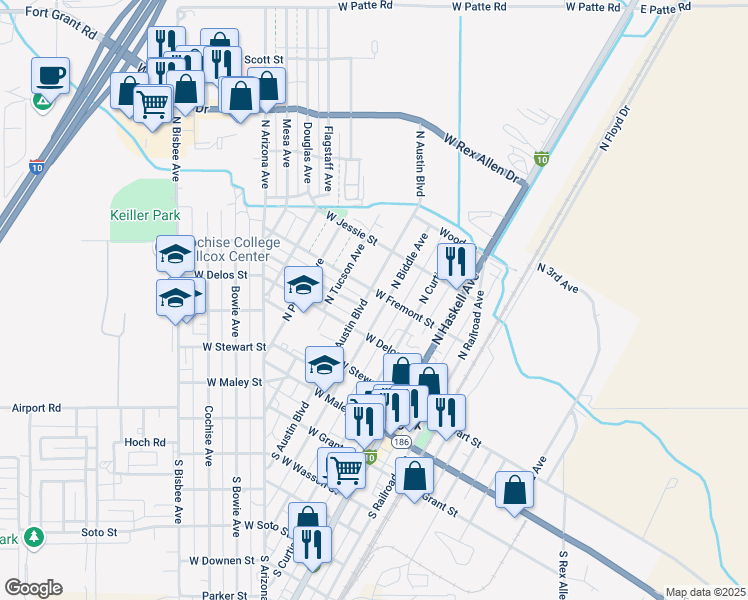 map of restaurants, bars, coffee shops, grocery stores, and more near 373 North Austin Boulevard in Willcox