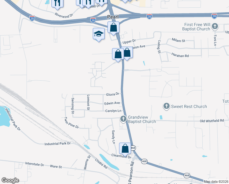 map of restaurants, bars, coffee shops, grocery stores, and more near 729 South Pearson Road in Pearl