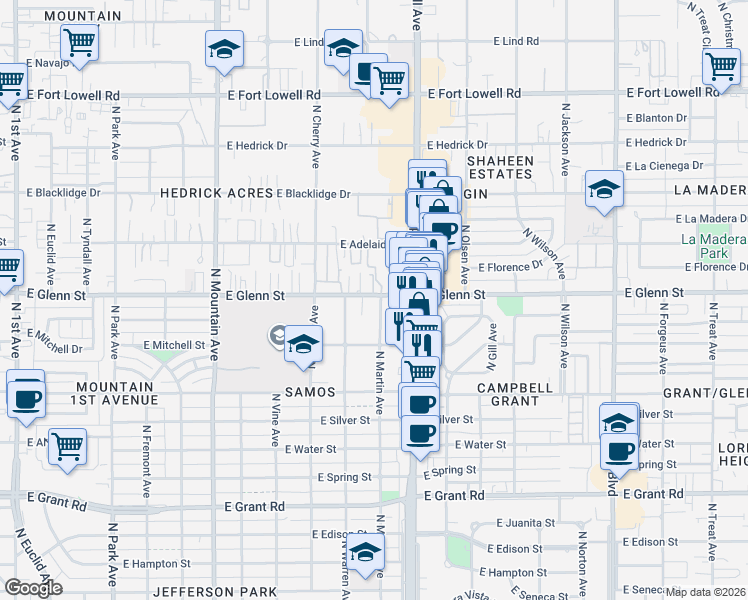map of restaurants, bars, coffee shops, grocery stores, and more near 1726 East Glenn Street in Tucson