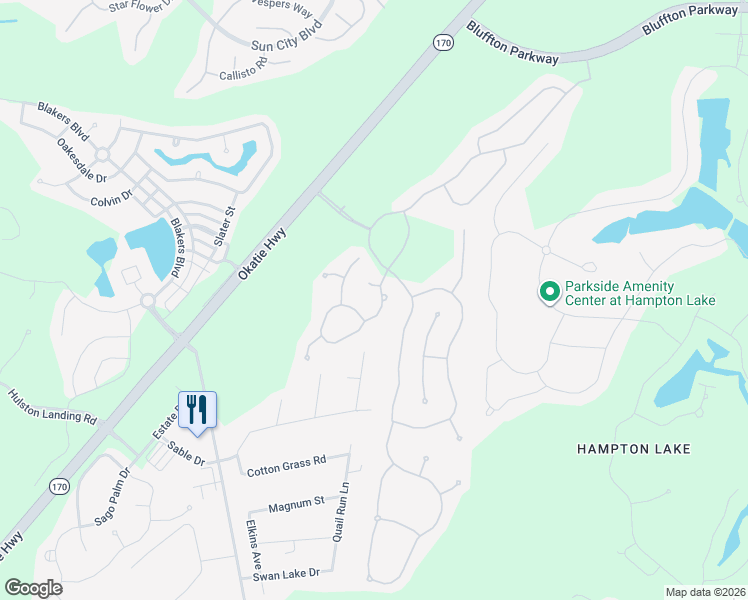 map of restaurants, bars, coffee shops, grocery stores, and more near 26 Lakes Crossing in Bluffton