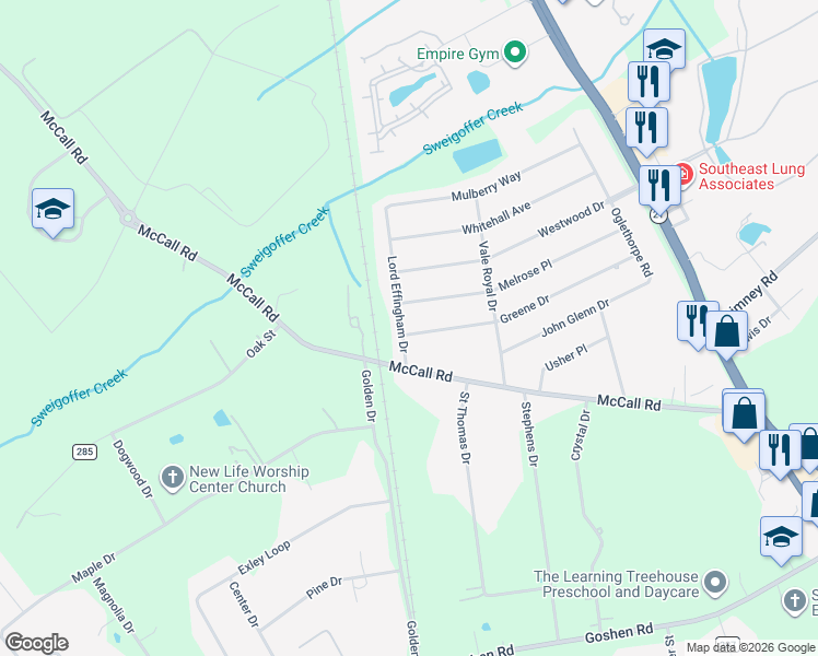 map of restaurants, bars, coffee shops, grocery stores, and more near 222 Greene Dr in Rincon