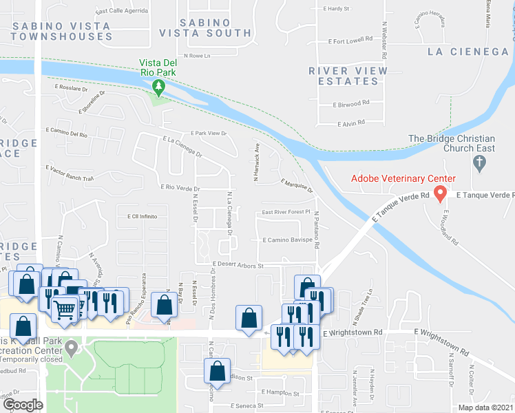 map of restaurants, bars, coffee shops, grocery stores, and more near 7730 East River Forest Place in Tucson