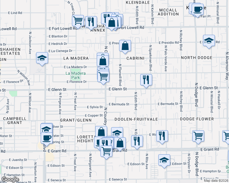 map of restaurants, bars, coffee shops, grocery stores, and more near 3150 East Glenn Street in Tucson