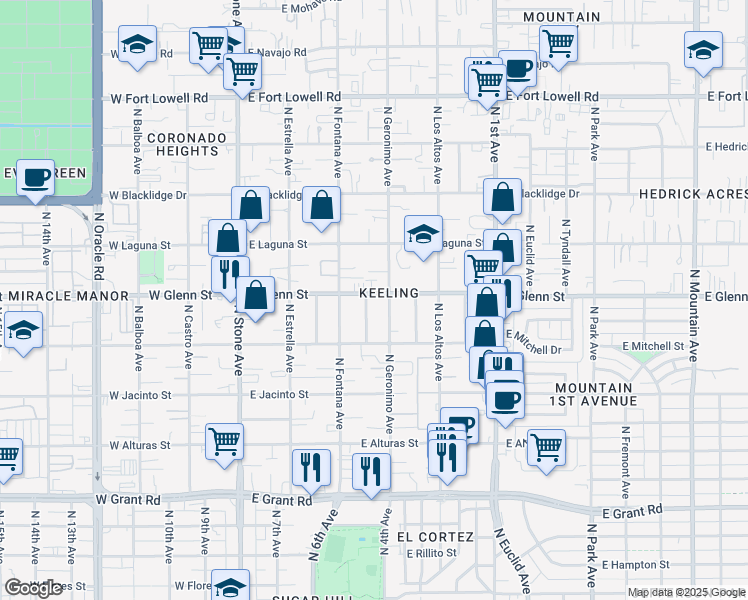 map of restaurants, bars, coffee shops, grocery stores, and more near 2766 North Geronimo Avenue in Tucson