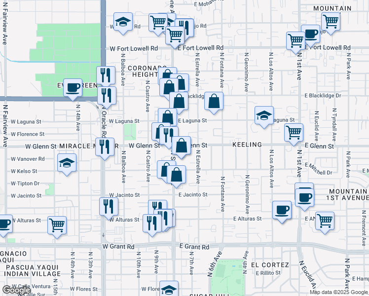map of restaurants, bars, coffee shops, grocery stores, and more near in Tucson