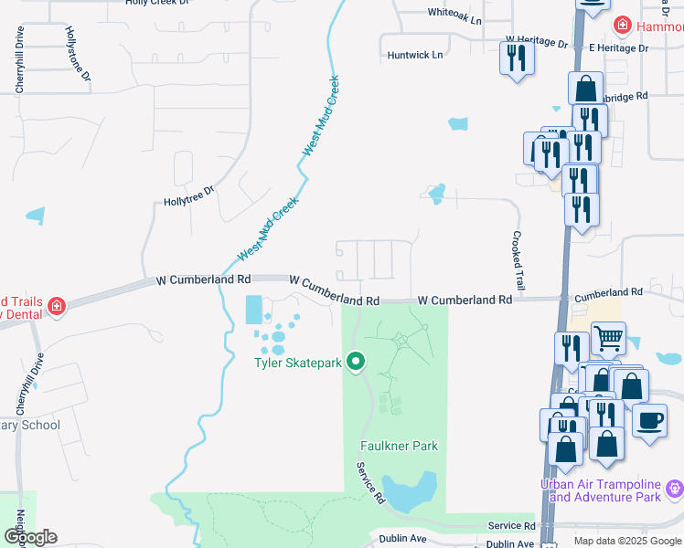 map of restaurants, bars, coffee shops, grocery stores, and more near 421 West Cumberland Road in Tyler