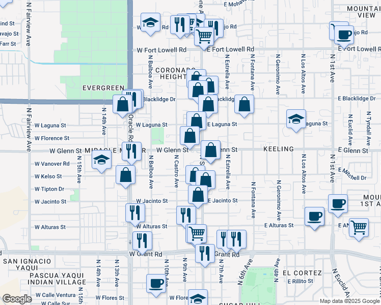 map of restaurants, bars, coffee shops, grocery stores, and more near 51 West Glenn Street in Tucson