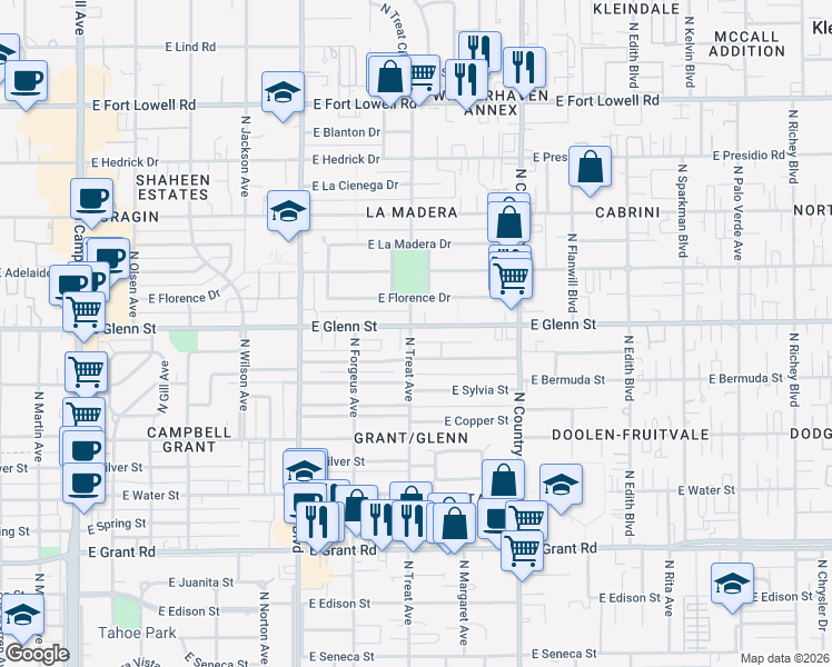 map of restaurants, bars, coffee shops, grocery stores, and more near 2802 East Glenn Street in Tucson