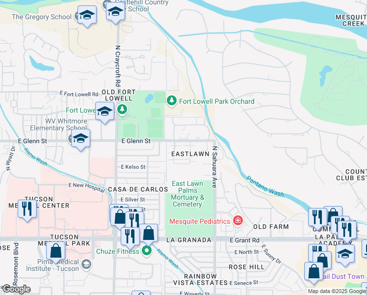 map of restaurants, bars, coffee shops, grocery stores, and more near 2779 North Saramano Lane in Tucson