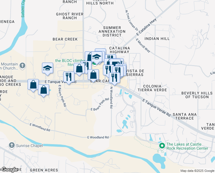 map of restaurants, bars, coffee shops, grocery stores, and more near 9050 East Tanque Verde Road in Tucson