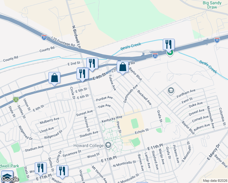 map of restaurants, bars, coffee shops, grocery stores, and more near 501 Birdwell Lane in Big Spring