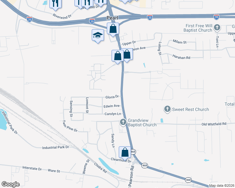 map of restaurants, bars, coffee shops, grocery stores, and more near 729 South Pearson Road in Pearl