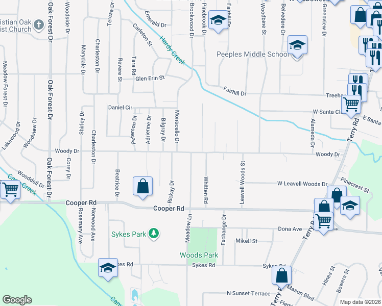 map of restaurants, bars, coffee shops, grocery stores, and more near 475 Woody Drive in Jackson