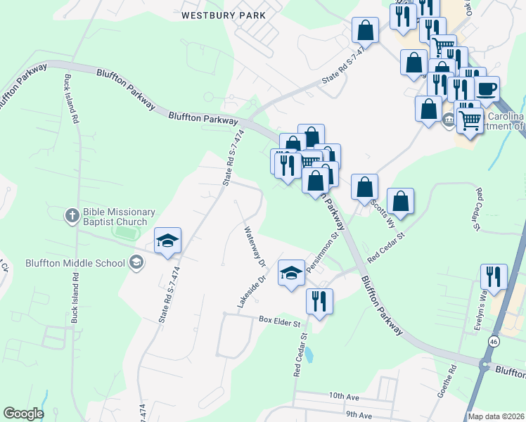 map of restaurants, bars, coffee shops, grocery stores, and more near 5 Hidden Lakes Lane in Bluffton