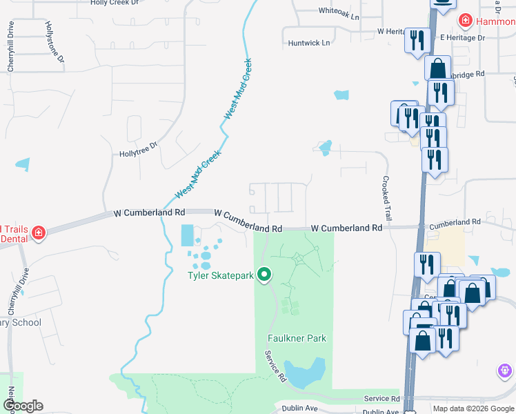 map of restaurants, bars, coffee shops, grocery stores, and more near 421 West Cumberland Road in Tyler