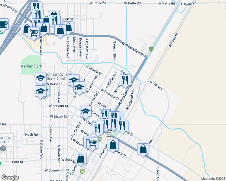 map of restaurants, bars, coffee shops, grocery stores, and more near 450 North Curtis Avenue in Willcox
