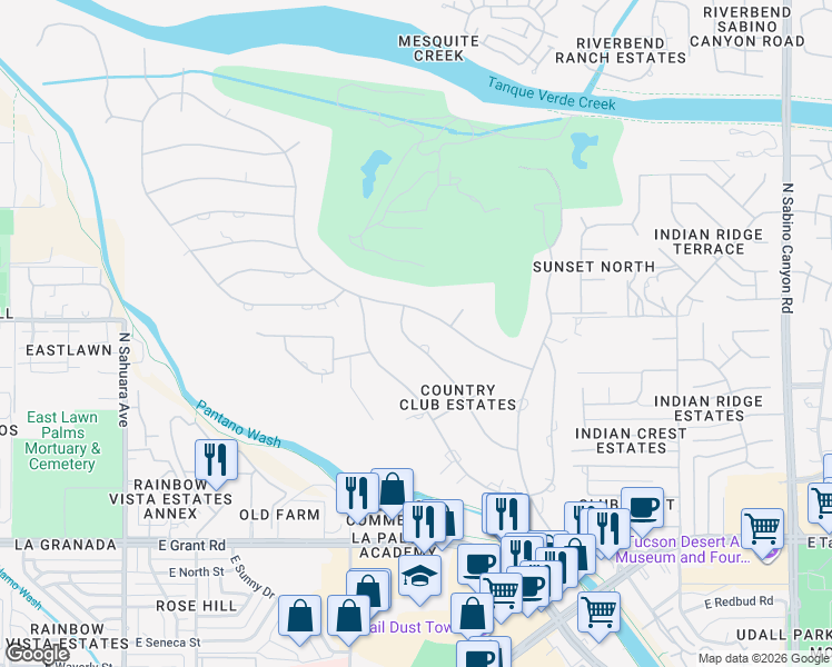 map of restaurants, bars, coffee shops, grocery stores, and more near 6426 East Santa Elena Street in Tucson