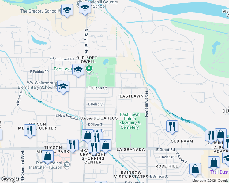 map of restaurants, bars, coffee shops, grocery stores, and more near 2760 North Van Buren Avenue in Tucson