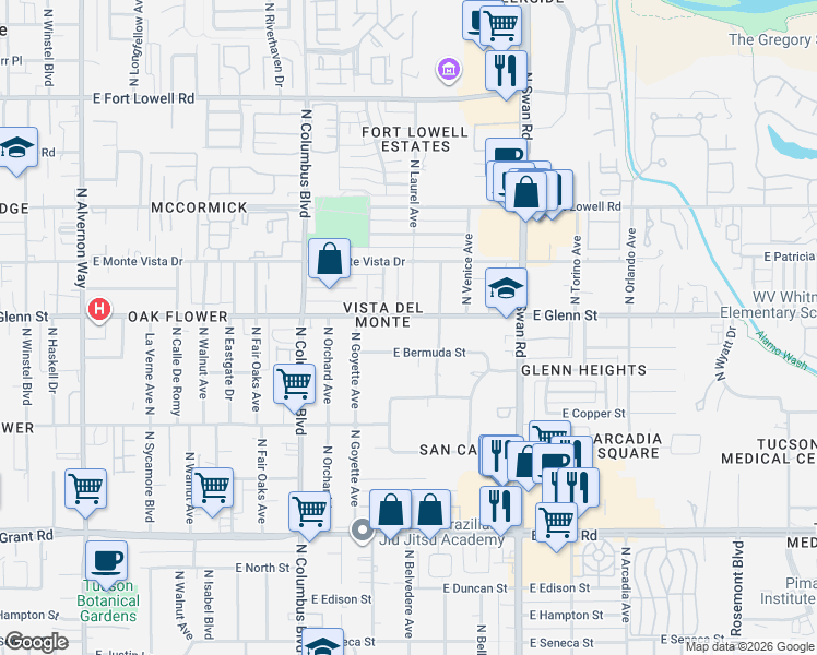map of restaurants, bars, coffee shops, grocery stores, and more near 2779 North Desert Avenue in Tucson