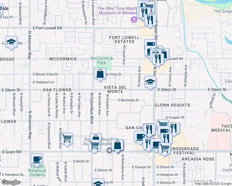 map of restaurants, bars, coffee shops, grocery stores, and more near 4418 East Glenn Street in Tucson