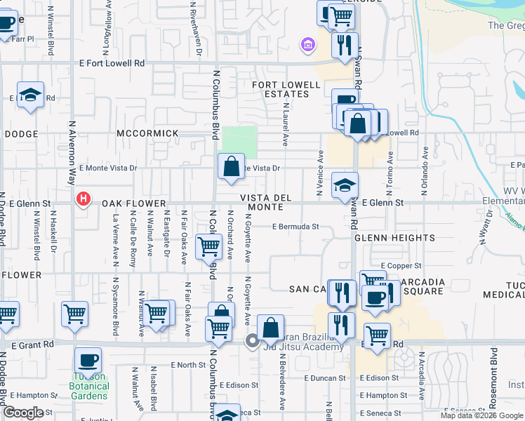 map of restaurants, bars, coffee shops, grocery stores, and more near 4418 East Glenn Street in Tucson