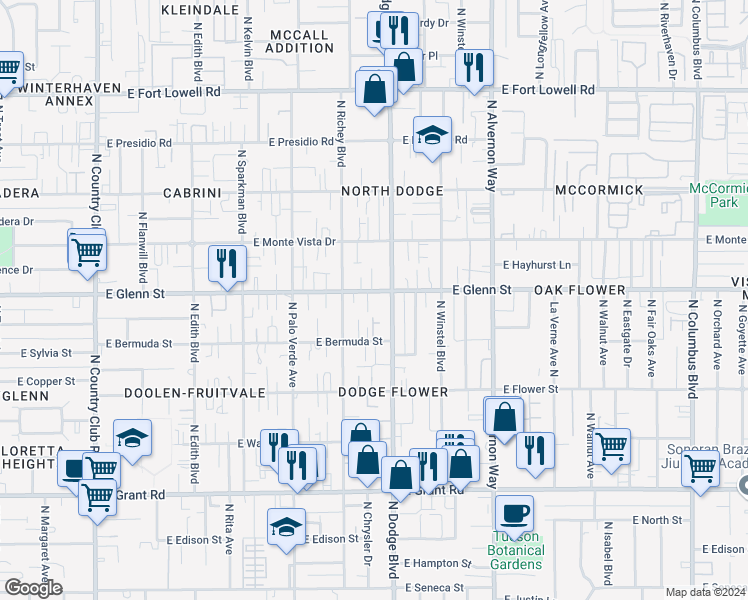 map of restaurants, bars, coffee shops, grocery stores, and more near 2761 North Dodge Boulevard in Tucson
