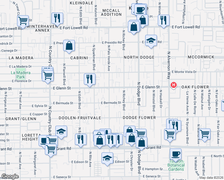 map of restaurants, bars, coffee shops, grocery stores, and more near 3526 East Glenn Street in Tucson