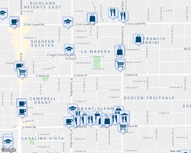 map of restaurants, bars, coffee shops, grocery stores, and more near 2802 East Glenn Street in Tucson