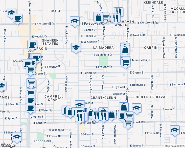 map of restaurants, bars, coffee shops, grocery stores, and more near 2634 East Glenn Street in Tucson