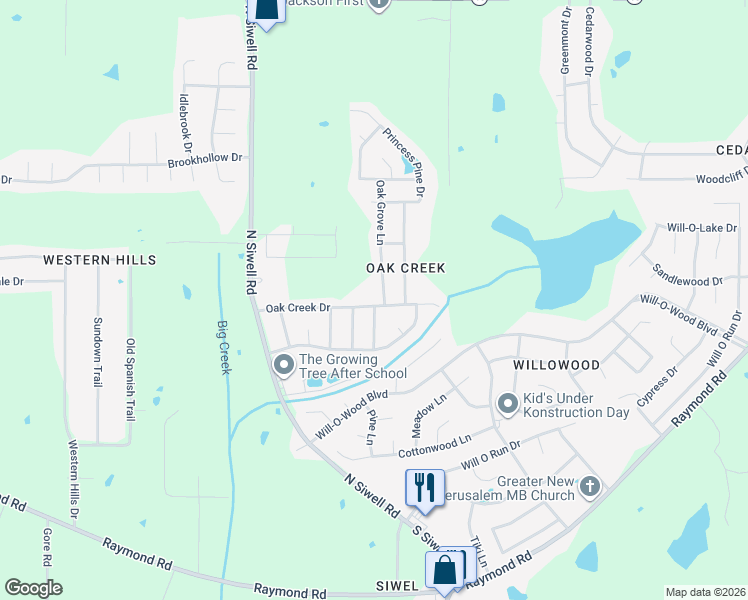 map of restaurants, bars, coffee shops, grocery stores, and more near 4984 Oak Creek Drive in Jackson
