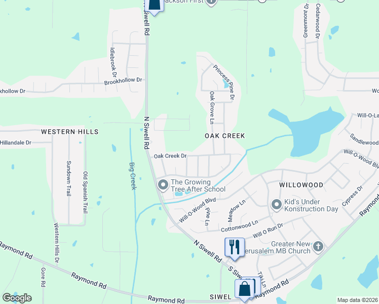 map of restaurants, bars, coffee shops, grocery stores, and more near 5018 Oak Creek Drive in Jackson