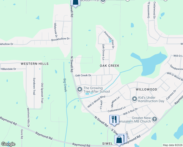 map of restaurants, bars, coffee shops, grocery stores, and more near 5018 Oak Creek Drive in Jackson