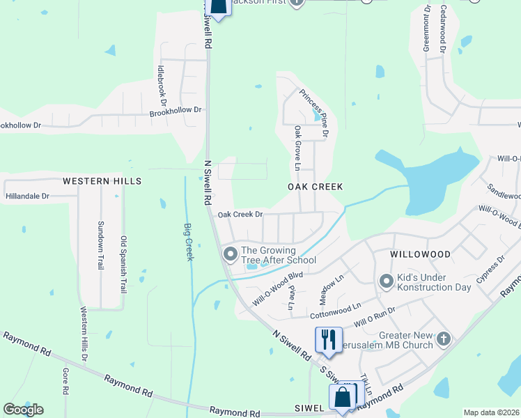 map of restaurants, bars, coffee shops, grocery stores, and more near 5018 Oak Creek Drive in Jackson