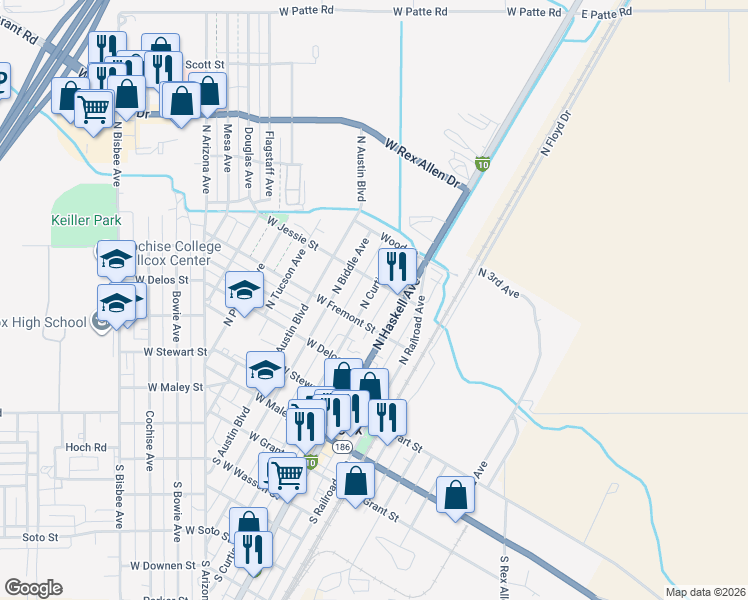 map of restaurants, bars, coffee shops, grocery stores, and more near 451 North Curtis Avenue in Willcox