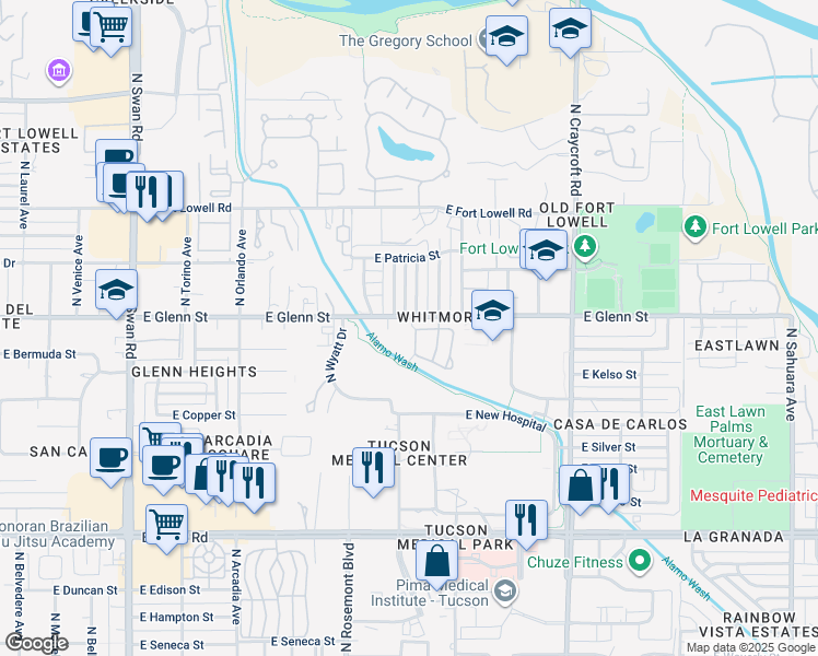 map of restaurants, bars, coffee shops, grocery stores, and more near 2729 North Magnolia Avenue in Tucson