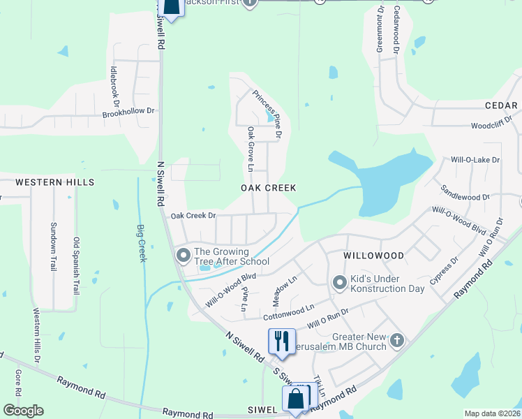map of restaurants, bars, coffee shops, grocery stores, and more near 4956 Oak Creek Drive in Jackson