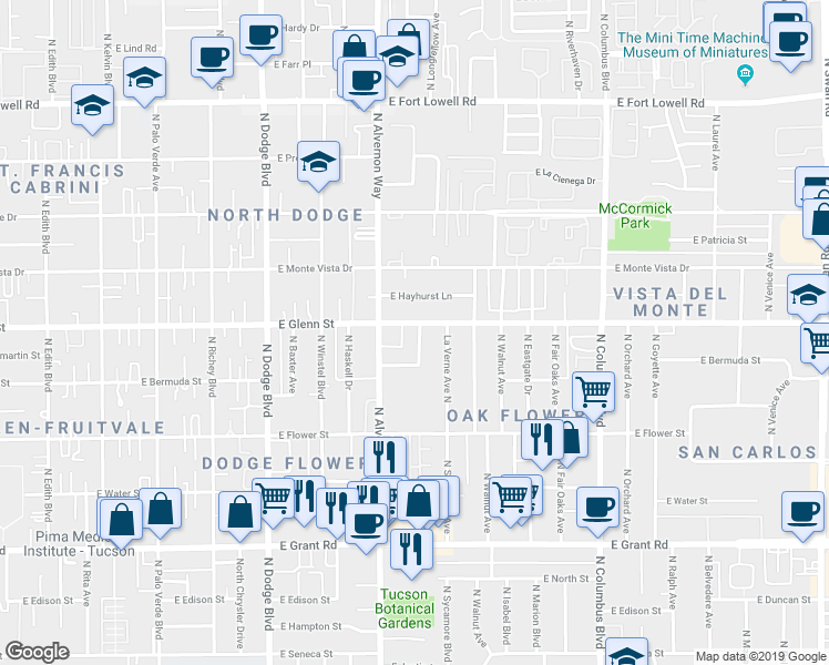 map of restaurants, bars, coffee shops, grocery stores, and more near 2755 North Montezuma Avenue in Tucson