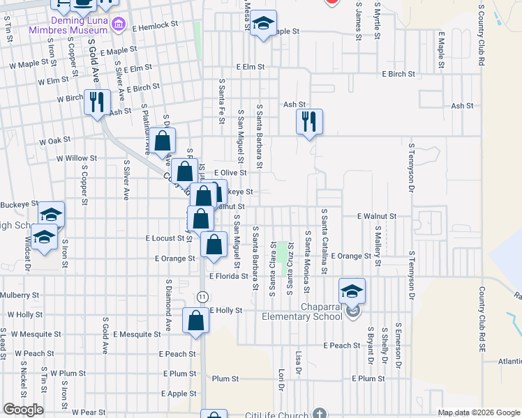 map of restaurants, bars, coffee shops, grocery stores, and more near 1001-1099 East Walnut Street in Deming