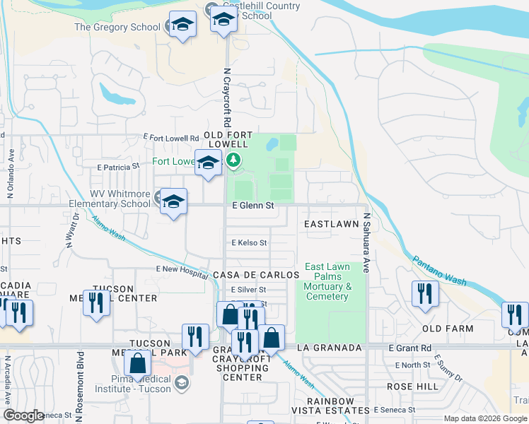 map of restaurants, bars, coffee shops, grocery stores, and more near 5618 East Glenn Street in Tucson