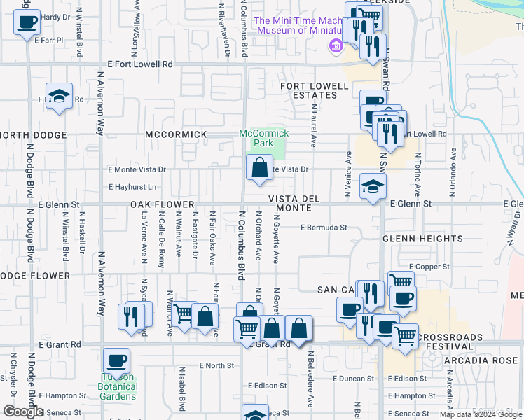 map of restaurants, bars, coffee shops, grocery stores, and more near 4352 East Glenn Street in Tucson